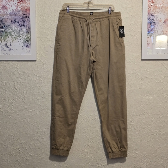 VOLCOM Mens Khaki Jogger Pant Sinched Cuff Stretch Waistband Casual Gorp Size L - Picture 1 of 14